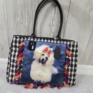 RARE Cynthia Hart Shoulder Bag Tweed Poodle Graphic Fringe Leather Purse Artsy